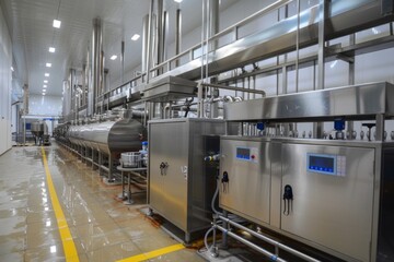 Fototapeta premium Milk processing plant flow pasteurization units for milk safety