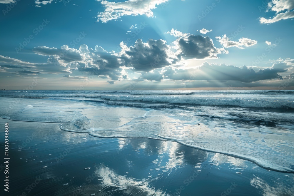 Wall mural a sunny day at the beach with clear blue sky and sunlight shining through the clouds onto the ocean