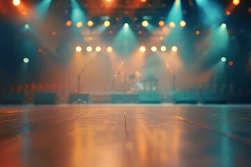 Soft focused perspective capturing the energy of a concert hall with blurred stage and vibrant lighting