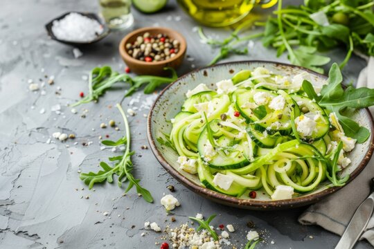 Zucchini noodles with cucumber feta cheese and arugula