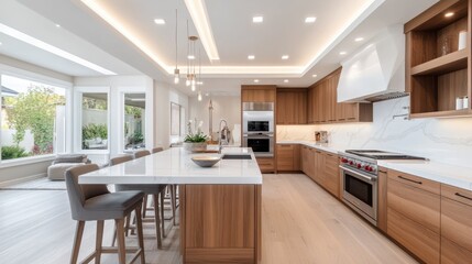 A cozy kitchen with wooden cabinets, marble countertops, and warm lighting, creating an inviting and homely atmosphere.
