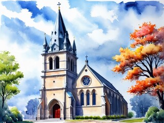 Fototapeta premium A picturesque church with a tall steeple, surrounded by trees and vibrant autumn foliage.