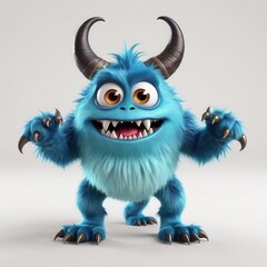 Fototapeta premium A playful blue monster with horns and sharp teeth, embodying a friendly yet mischievous character.