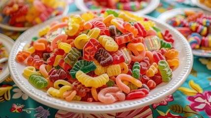 A vibrant selection of assorted gummy candies in various shapes and colors displayed on a decorative white plate. The candies sparkle with a sugary coating, candy salad