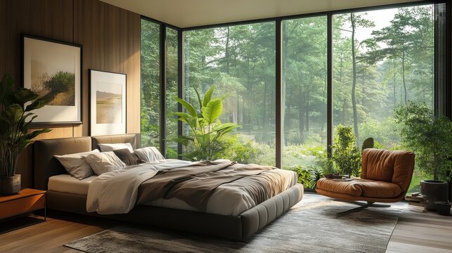 Urban modern bedroom with sleek furnishings, large windows, and a cozy, inviting atmosphere