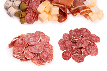 Cheese, olives, salami, jamon isolated on a white backgrund.