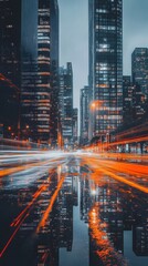 Obraz premium Photograph of an urban cityscape at night, with reflections on the glass surfaces of skyscrapers and long exposure lights creating streaks of motion