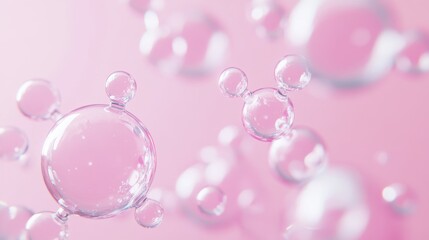 3D molecules inside bubbles on a pink background, representing cosmetic product solutions. 