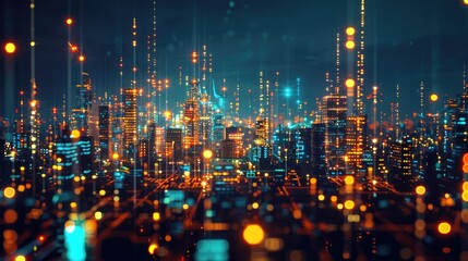 Urban landscape with many lights on a city street at night