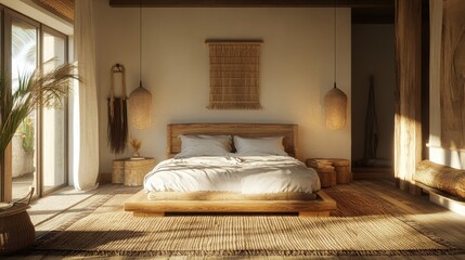 Warm and welcoming bedroom with rustic wooden furniture, natural fiber rugs, and soft lighting