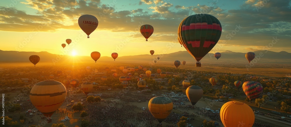 Poster Colorful hot air balloons float in a clear blue sky over green hills and fields at sunset.