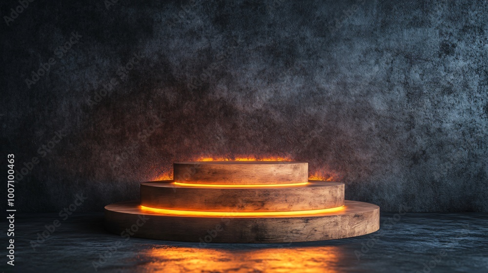 Poster Wooden Podium with Glowing Lights on Dark Background.