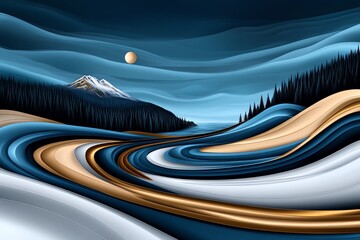 Minimalist ocean and nature scene, with abstract shapes representing waves and a forested coastline in a clean, simple design.