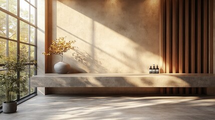 Elegant Beige Concrete Countertop Set Against Stylish Wooden Slats Wall for Modern Interiors