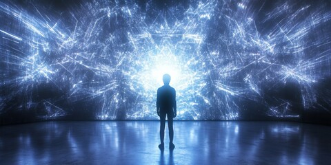 Fototapeta premium a person standing in front of a large light