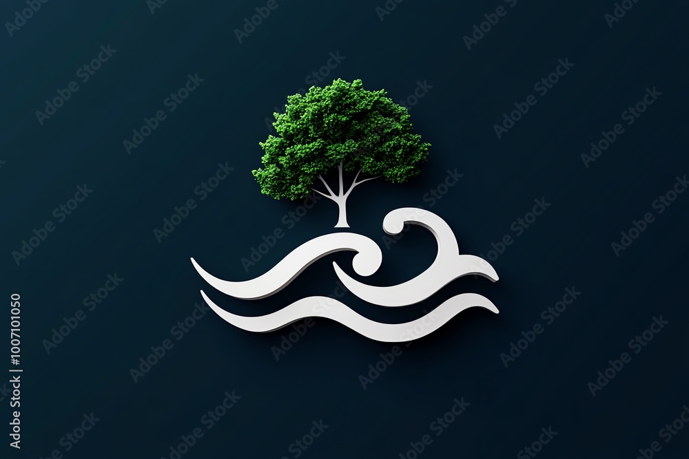 Leinwandbilder minimalist ocean wave and tree icon, using abstract shapes to represent the balance between ocean an