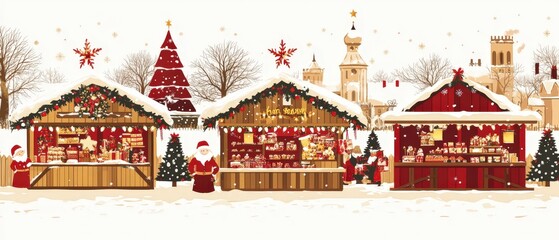 A winter scene with a Christmas market with a Santa Claus and a Christmas tree