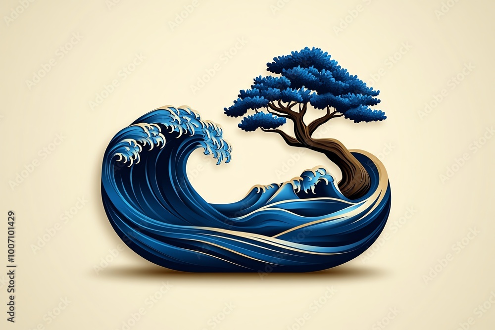 Poster Minimalist ocean wave and tree icon, using abstract shapes to represent the balance between ocean and nature in a clean, modern design.