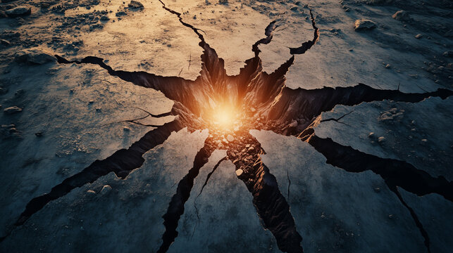 Aerial view of an earthquake epicenter with massive cracks and glowing light