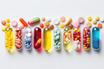 A variety of colorful pills and capsules arranged in a row