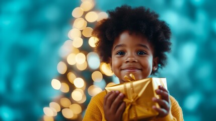 Naklejka premium Happy boy with holiday gift and a Christmas tree, creating cherished holiday memories together