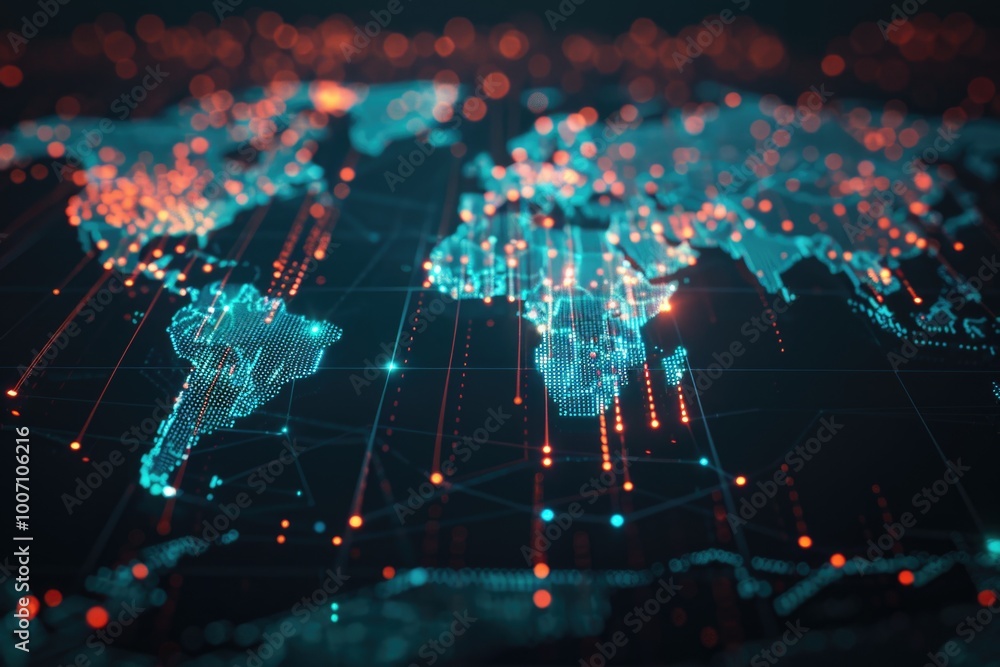 Poster a map of the world with glowing dots representing various locations or destinations