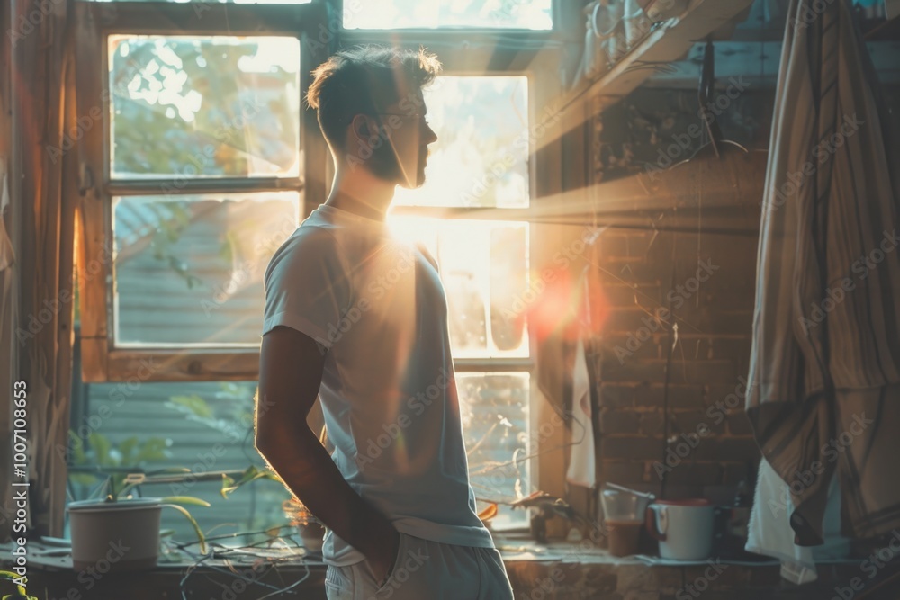 Poster a man stands in front of a window in a room, providing a view