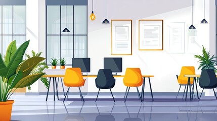 A modern coworking office interior, featuring an open-space layout with no people present. The design includes an empty conference or meeting room, offering a spacious and collaborative environment.