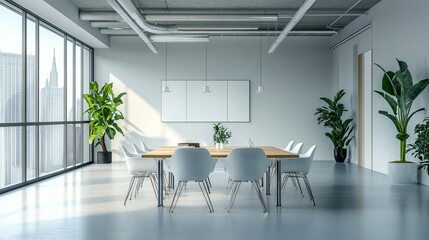 Fototapeta premium A modern coworking office interior, featuring an open-space layout with no people present. The design includes an empty conference or meeting room, offering a spacious and collaborative environment.