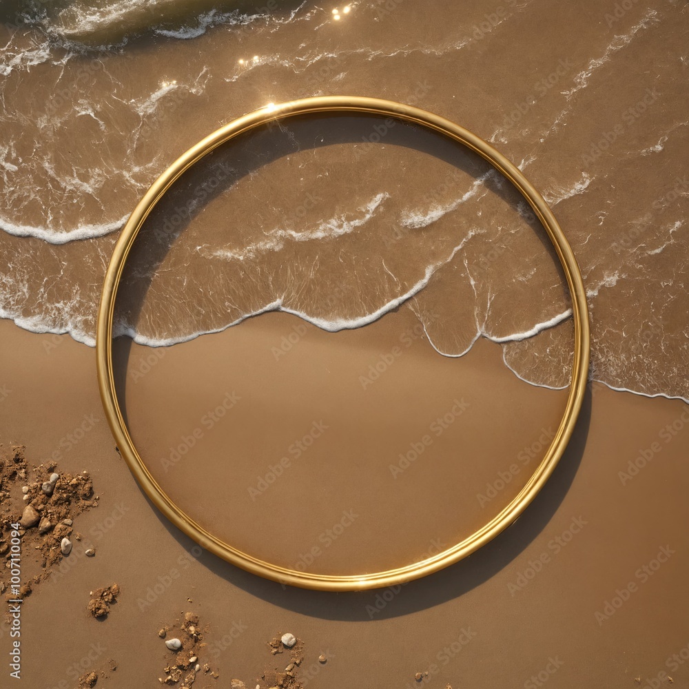 Poster mesmerizing aerial view of a beach with a golden circular ring casting a shadow on the sand. the wav