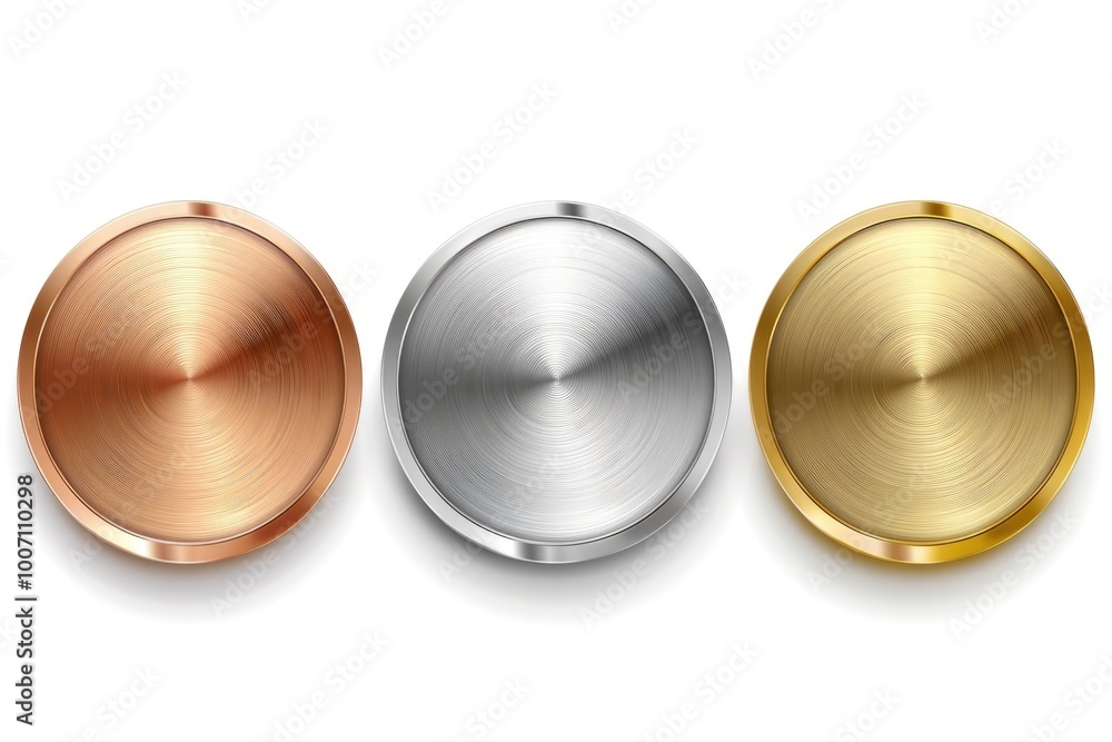 Poster a set of three metal buttons on a white background, ideal for use in graphic designs and digital pro
