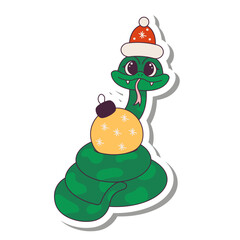 Sticker of cute snake in Santa Claus hat with Christmas tree toy. Symbol of Chinese New Year 2025. Vector illustration in retro groovy style