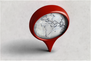 A 3D red location pin icon against a textured, abstract background. The glossy red pin, commonly used in map applications, symbolizes location, navigation, and direction.
