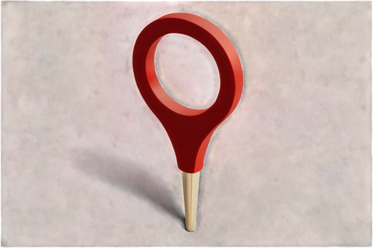 A 3D red location pin icon against a textured, abstract background. The glossy red pin, commonly used in map applications, symbolizes location, navigation, and direction.