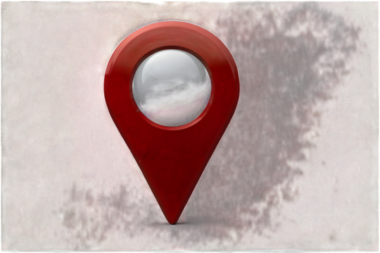 A 3D red location pin icon against a textured, abstract background. The glossy red pin, commonly used in map applications, symbolizes location, navigation, and direction.