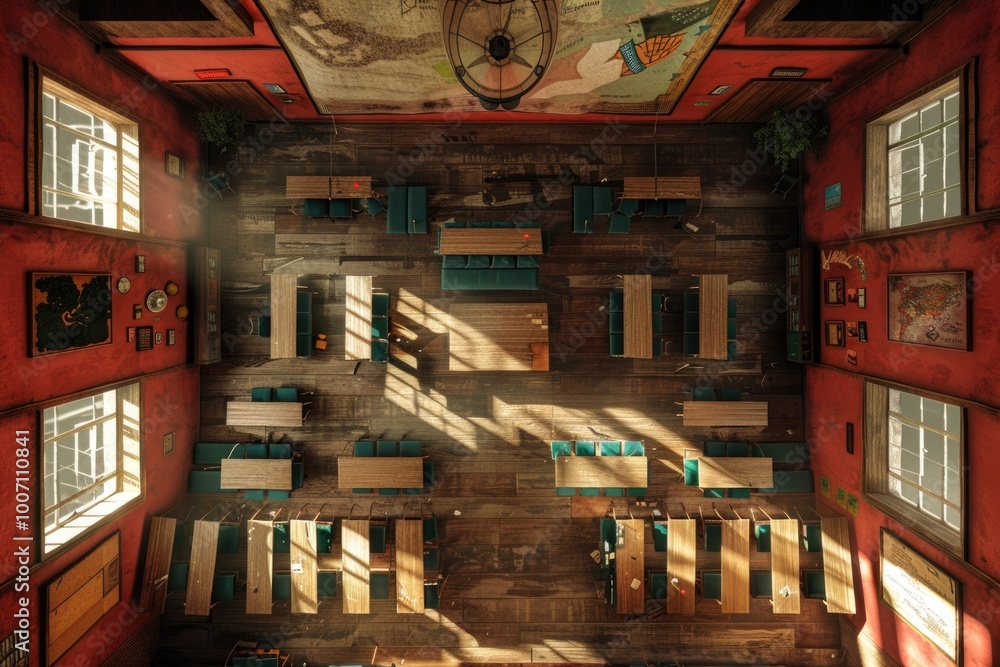 Poster overhead view of a room with numerous windows and possible office or study space