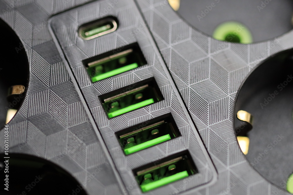 Poster a detailed view of a green and black power strip, ideal for use in electronics or technology related