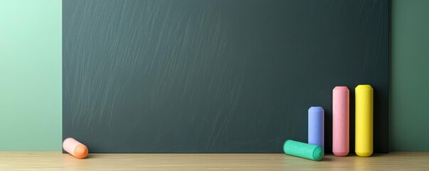 Classroom chalkboard with colorful chalk and erasers, 3D illustration