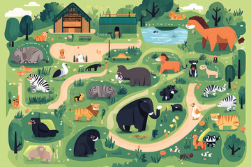 A map of the zoo with all its animals Zoo Map and Adventure Concept