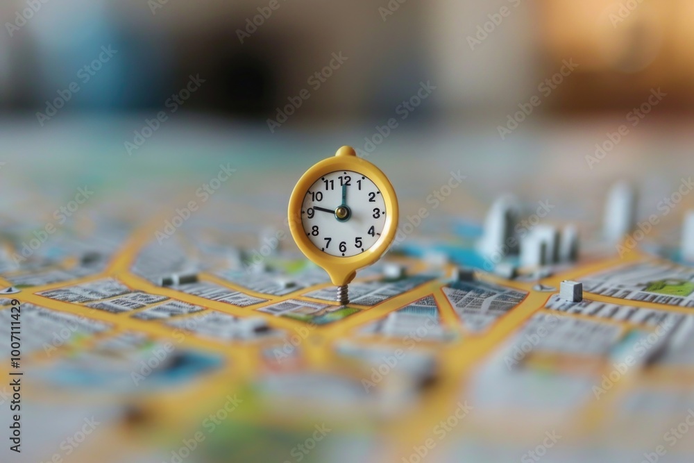 Poster a small yellow clock sits atop a detailed map, perfect for use in travel or navigation-themed design
