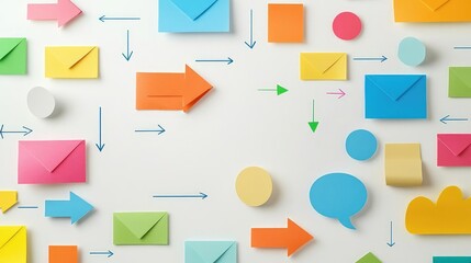 Colorful paper shapes and arrows create a dynamic layout on a white background, perfect for communication or organization themes.