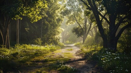 Fototapeta premium A rural landscape with a dirt road winding through trees and lush grass, perfect for outdoor or nature-themed projects