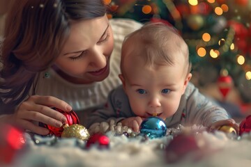 Naklejka premium A mother holds her infant close in front of a decorated Christmas tree, a festive scene for holiday cards or celebrations
