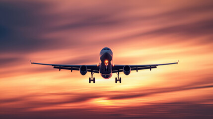 Stunning aircraft flying through a vibrant sunset sky, capturing the beauty of travel and adventure in a single shot.