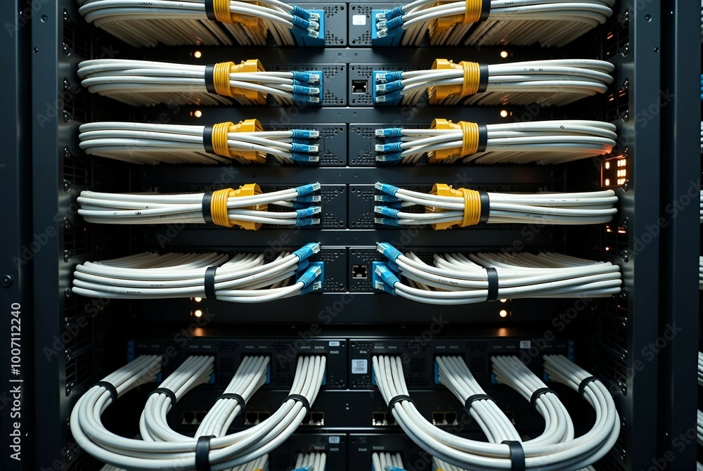 Poster a server rack that is filled with a multitude of wires and cables