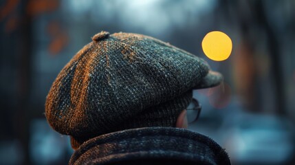 A person dressed warmly with a hat and scarf, suitable for winter or cold weather scenes