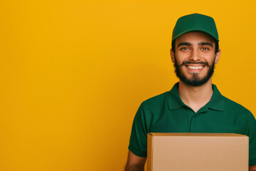 Portrait of a happy delivery man in uniform holding a cardboard box on a yellow background.