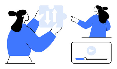 A woman holding a puzzle piece with arrows, pointing at a symbol above a video player panel. Ideal for teamwork, problem-solving, communication, media, and digital learning themes. Simple modern