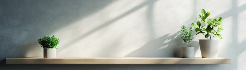 Two potted plants on a wooden shelf against a textured wall, illuminated by soft natural light.