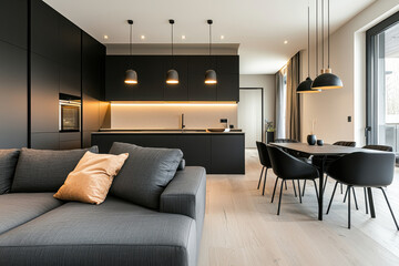 Modern kitchen interior with sleek design, elegant lighting, and inviting dining area, showcasing contemporary living space aesthetics.
